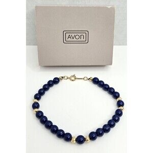 Vintage Avon Signed Faux Blue Lapis Lazuli Gold Tone Bead Ball Bracelet 7.75"